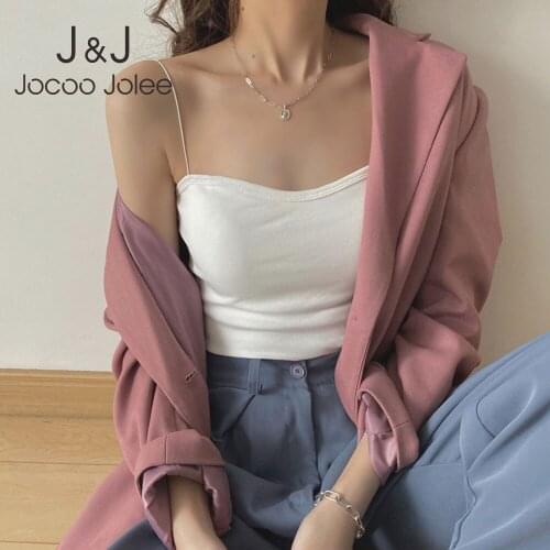 Jocoo Jolee Women Summer Sleeveless Chest Pad Simple Solid Camis Elegant Ribbed Strap Tank Tops Casual Cropped Tops Ladies Vest