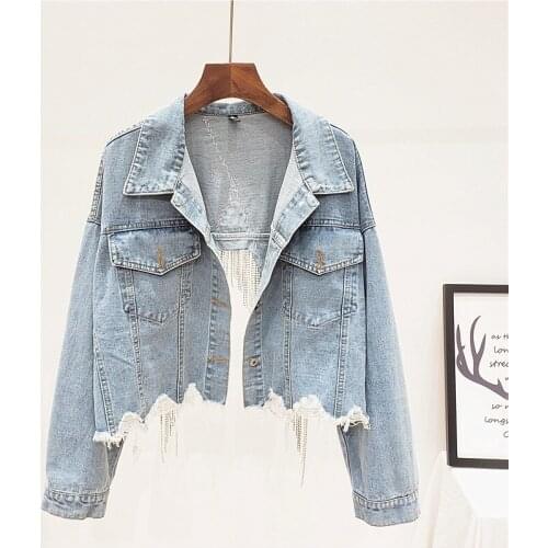 Hip Hop Women Short Denim Jacket Back Hollow Out Diamonds Tassels Coat Ripped Batwing Sleeve High Streetwear Loose Fit Jackets