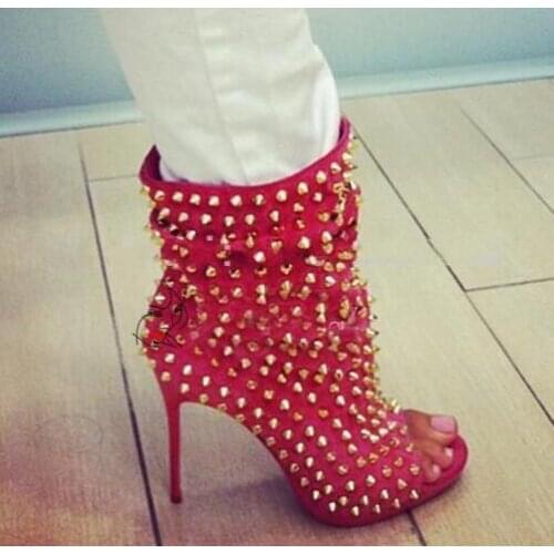 Moraima Snc Autumn Newest Rivets Studded High Heel Ankle Boots Sexy Peep Toe Rose Pink Suede Thin Heels Shoes Riding Boots