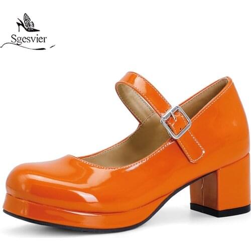 Sgesvier 2021 Spring Women Buckle Comfortable Platform Thick High Heel Pumps Fashion Sweet Dress Shoes Yellow White Red Size 48