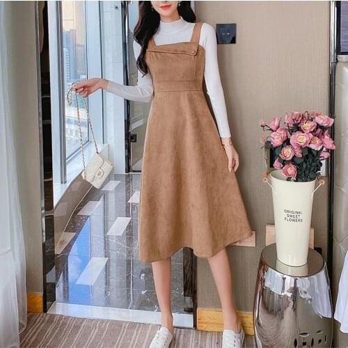 Autumn New arrival Fashion Women Two Piece Set Casual Turtleneck Solid Knitted Tops + Button Suede strap Dress Suits