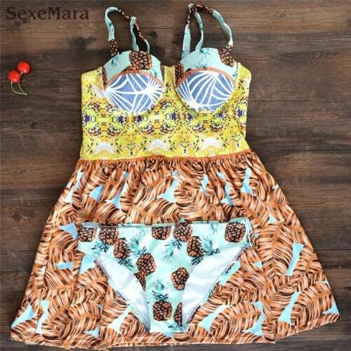 2019 New Women dress swimwear with skirt two piece swimsuit modest girls push-up bathing suit floral print swim clothes female
