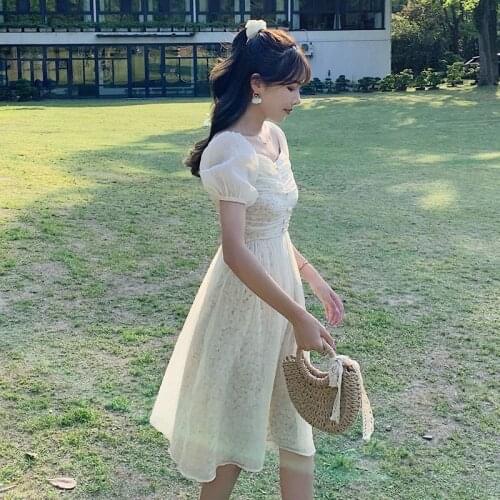 COIGARSAM Floral Print Women dress Summer Chiffon Short Sleeve High Waist Dresses Pink Apricot 02166