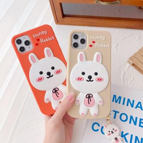 3D Cute Cartoon Honey Rabbit Phone Case for iPhone 12 Mini 11 Pro Max SE 2020 Bunny Soft Silicone Shockproof Cover with Pendant