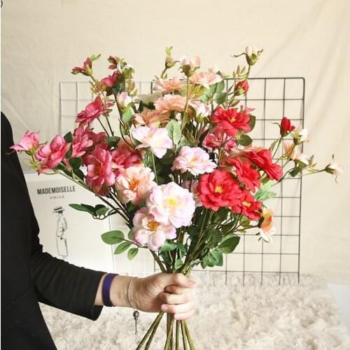 5 Flower and 2 Bud Chinese Rose Artificial Flower Silk Rose High Quality for Home Indoor Wedding Decoration Winter Fake Flowers