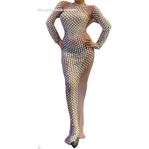 Shining Pearls Silver Rhinestones Transparent Long Dress Women Birthday Celebrate Party Dress Bar Singer Stage Dance Costume