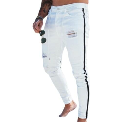 New Fashion White Jeans Slim Skinny Ripped Hole Hip Hop Stripes Streetwear Biker Destroyed Frayed Male Denim Pants
