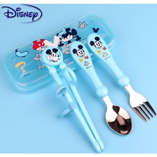 Disney Baby Chopsticks+Spoon+Fork Feeding Food Tableware Cartoon Mickey Kids Dishes Eating Dinnerware Training Dinner Plate