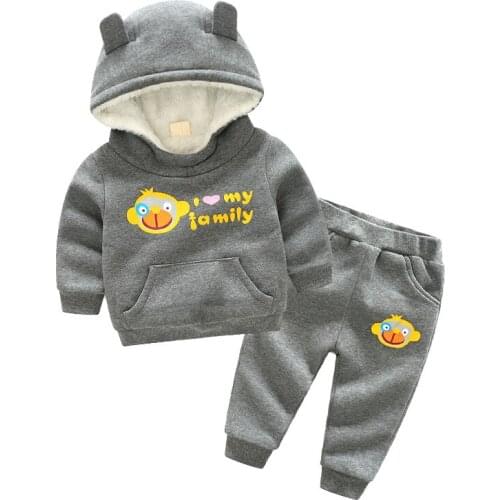 Children Plus Velvet Suits Winter Casual Baby Boy Sport Set Cartoon Pocket Hooded Sweatshirt Pants Warm 2 Pcs Sets for Boy 2-6 Y