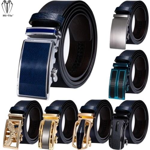 Hi-Tie 50 Kinds Dark Blue Genuine Leather Mens Belts for Men Belt Automatic Buckles Ratchet Waist Dress Jeans Straps Removable