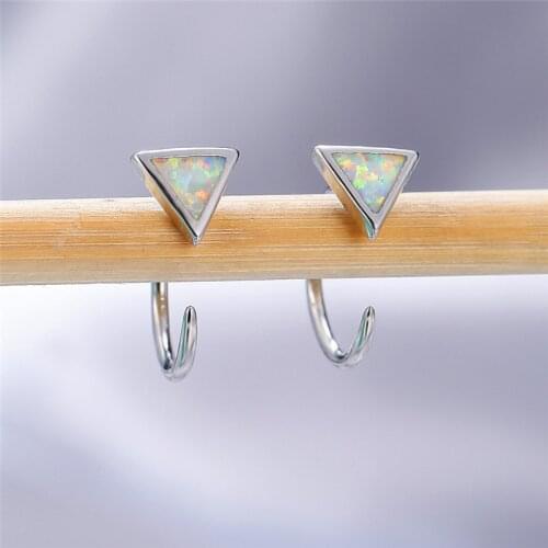 Dainty Female White Opal Stone Earrings Simple Triangle Small Hoop Earrings Classic Silver Color Wedding Earrings For Women