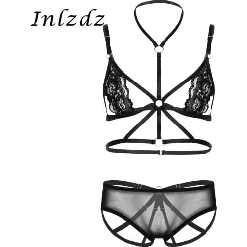 2Pcs Mens Sissy See Through Sheer Lace Lingerie Set Halter Neck Crossed Front Bra Top with Low Rise Open Butt G-string Briefs