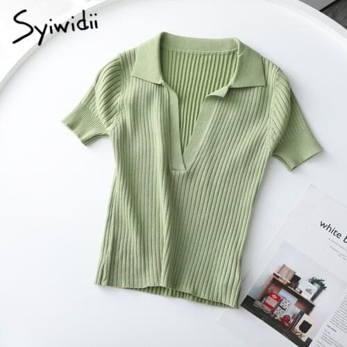 Syiwidii Knitted Green Crop Tops for Women 2021 New Summer Vintage Sexy Shirts Streetwear Ribbed Girls T Shirt Slim Cropped Tees