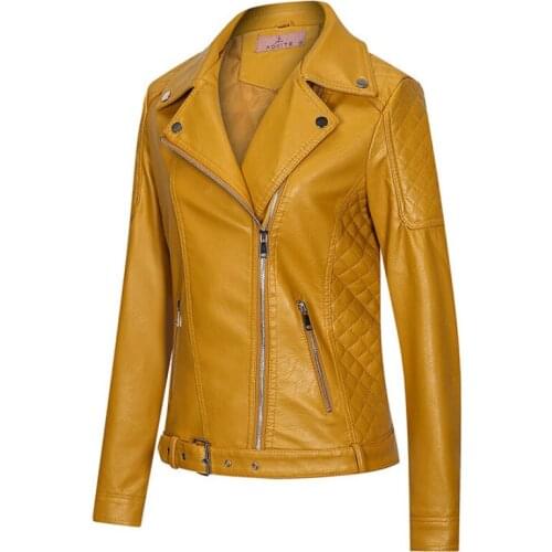 Spring Autumn Ladies Slim Fit Leather Jackets Women Turn-down Collar Oblique Zipper Biker Coat Female Casual Outwear WF157