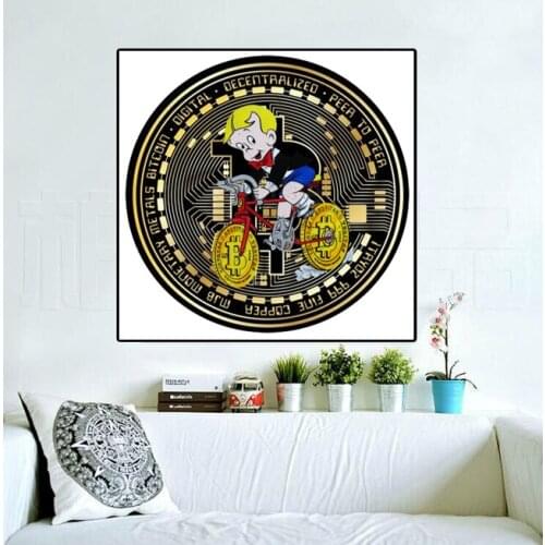 Limited Sale Oil Painting Funny Art Richie Rich By Bike Bitcoin Art On Canvas for Kids Room Wall Decoration Home Decorl Pictures