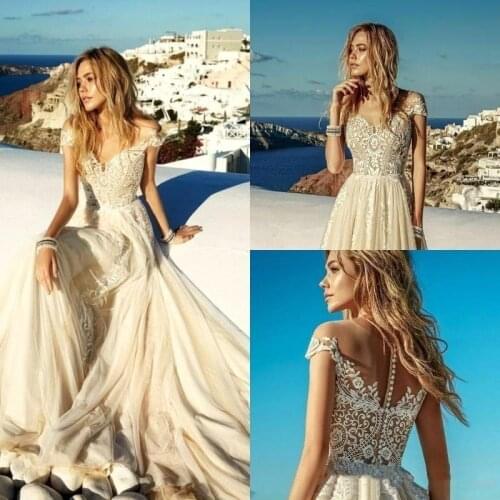 2020 New Summer Light Champagne Wedding Dresses Boho Beach Chiffon Lace A Line Appliques Long Bridal Gowns Robe de mariee BC1819