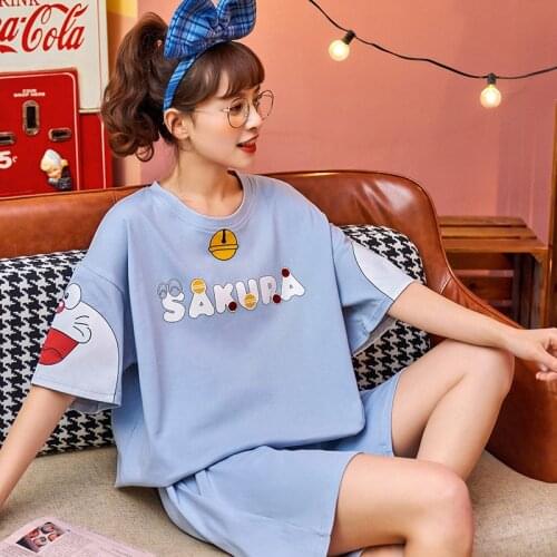 Cartoon Pajama Sets Women Cute Cat Print Pattern Pyjamas Set Sleepwear Short Sleeve Two-piece Homewear Girl Pajama