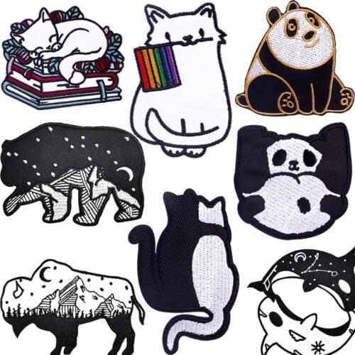 Panda/Cat Animal Embroidery Iron On Patch Black White Cattle Applique Ironing Clothing Sewing Supplies Decorative Badges Patches
