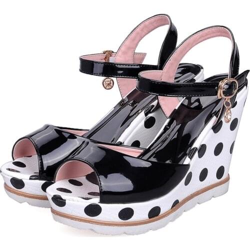 Polka Dot Womens Sandals Platform Wedges Big Size High Heels Summer Shoes Peep Toe Ankle Strap Ladies Sandals Black White Blue