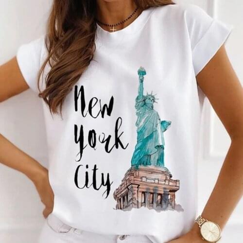 Women Tees Tops Summer Paris Tower Perfume Flower Print Ladies Casual T-Shirt Loose Short-Sleeved White Basic Tee Shirts