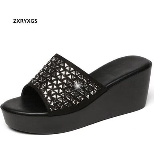 2021 New Summer Womens Slippers Wear Thick Bottom Increased Slippers Wedge Sandals Rhinestone Genuine Leather Sandals for Women