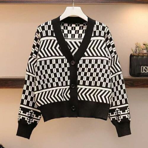Women Cardigan Vintage Stylish Geometric Pattern Short Knitted Sweater Fashion Long Sleeve England Style Outerwear Chaqueta