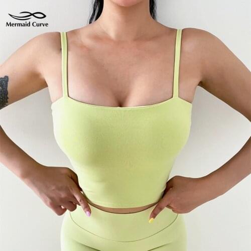 Mermaid Curve Sexy Low-Cut One Word Collar Sports Tank Women Crop Top Gym Running Jogger Vest With Padded Women Sexy Camisole