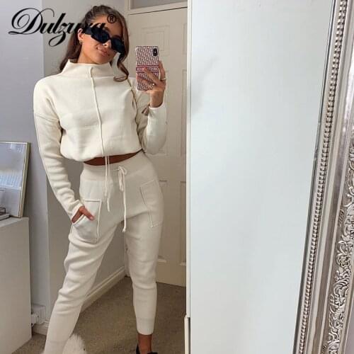 Dulzura Patchwork Women 2 Piece Set Long Sleeve Sweatshirt Drawstring High Waist Sweatpants Tracksuit Sporty 2020 Autumn Winter