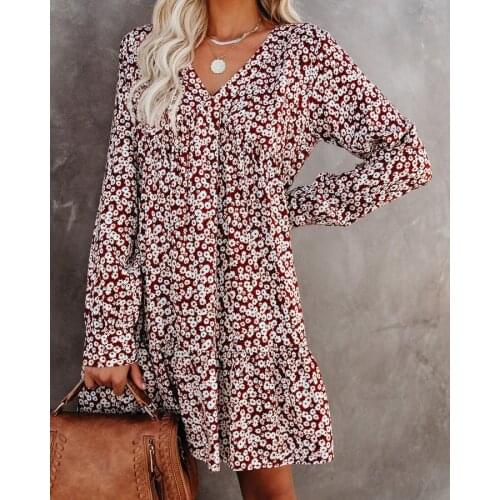 2021 Spring and Autumn Mini Dress Print Floral Dot V-neck Long Sleeve Vintage Paisley Party Clothing Sexy Dress Women