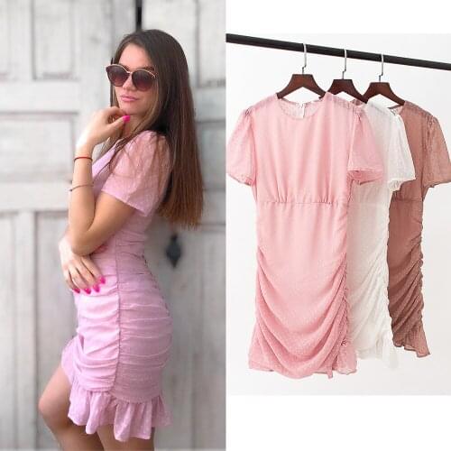 Womens Dress Za Fashion 2021 Dot Chiffon Vintage Ruffles Dress Short Sleeve O Neck Sexy Mini Party Dress Female Elegant Vestido