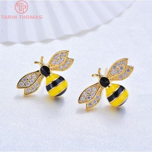 2PCS 12x18MM 24K Gold Color Brass with Zircon Oil Bee Stud Earrings High Quality Diy Jewelry Findings Accessories