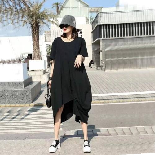 2021 Summer Solid Asymmetrical Dress Casual Loose Party Dress O Neck Short Sleeve Vestidos Female Summer Clothing