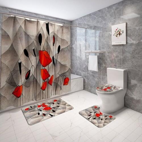 3D Floral Printed Bathroom Mats Toilet Carpet Set and Shower Curtain 4pcs Waterproof Anti Slip Bathroom Rugs Washable Mats