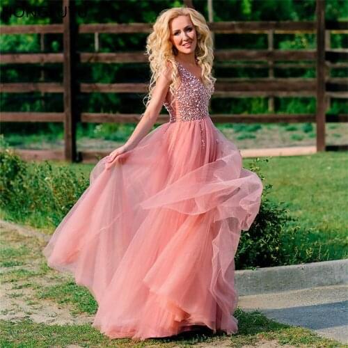 HONGFUYU Beading Prom Dresses V Neck Pink High Split Tulle Sleeveless Formal Evening Gowns Vestido A-line Lace Up Robe De Soiree