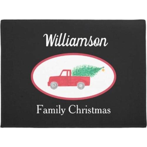 Customized Vintage Red Truck Family Name Christmas Black Doormat Home Decoration Entry Non-slip Door Mat Rubber Washable Floor H
