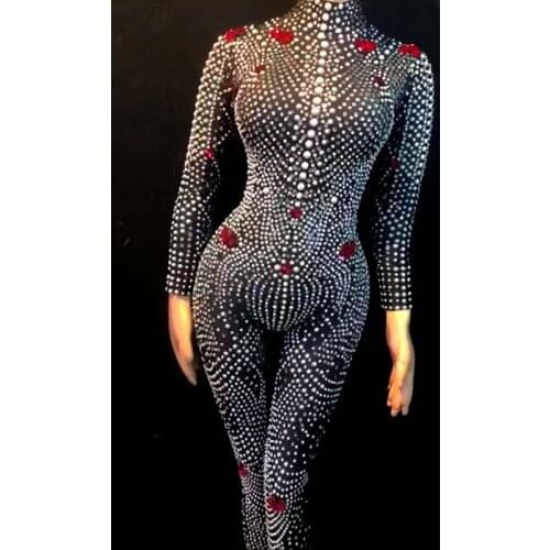 Pearl rhinestone jumpsuit sparkly stage show bodysuit women party girl club wear