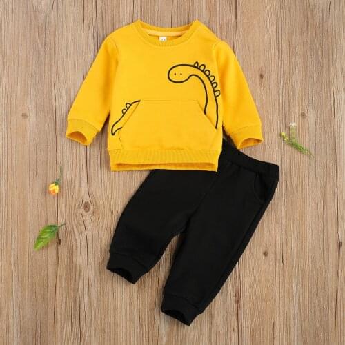 Newborn Baby Boys 2-piece Outfit Set Long Sleeve Cartoon Dinosaur Print Top+Pants Set for Kids Boys
