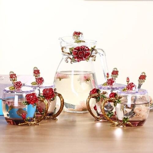 KitchenCreative enamel color water cup water bottle suit Roche flower tea cup crystal heat resistant glass coffee cup couple cup