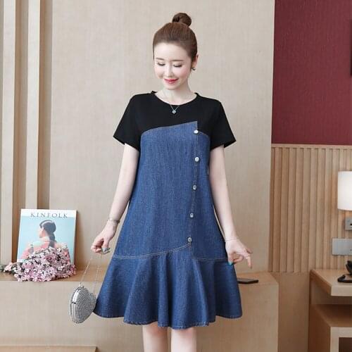 Summer Style New Women Dresses Casual Single Button Draped Hem Knitted O-Neck Patchwork Jeans For Females Slim Denim One-Piece