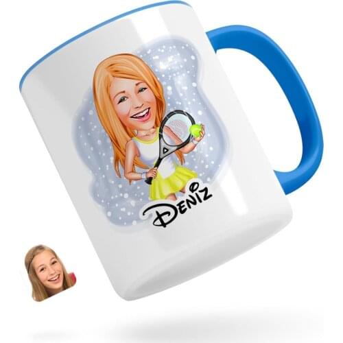 Personalized Women 'S Tennis Player Caricature Of Blue Mug Bardak-2