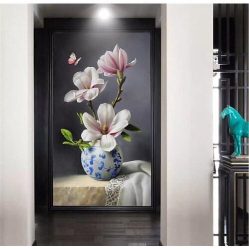 Custom Photo Wallpaper Mural New Chinese painting Blue and white porcelain Magnolia Butterfly Entrance wall paper