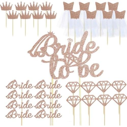 33Pcs Rose Gold Bride To Be Cake Topper Diamond Crown Bride Tulle Dress Cupcake Toppers for Bridal Shower Engagement Party Decor