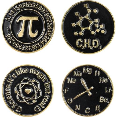 Unique Black Round Coin Pin Letter Chemical Molecular Structure Diagram Brooch Backpack Cloth Lapel Badge Jewelry Gift DIY Decor