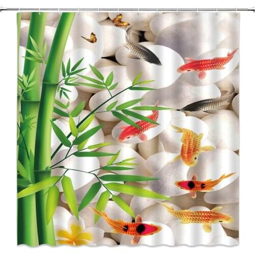 Green Bamboo Spring Plant Shower Curtain Beautiful Koi In The Pond Waterproof Polyester Fabric Bathroom Curtains For Home Decor
