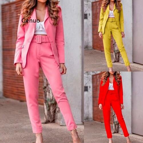 Office Lady Solid 2 Pieces Sets Long Sleeve Notched Blazers Ankle Length Sashes Pants Candy Color Female Work Wear 2 Pieces Sets
