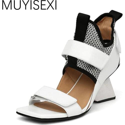 Summer Women Sandals Genuine Leather Sandalias Strange Wedge Shoes Woman High Heel Gladiator Sandals Women White HL95 MUYISEXI