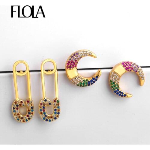 FLOLA CZ Crescent Moon Studs Safety Pin Studs Earrings Aretes De Moda Rainbow 24k Gold Jewelry Woman Cheap Stud Earrings ersq38