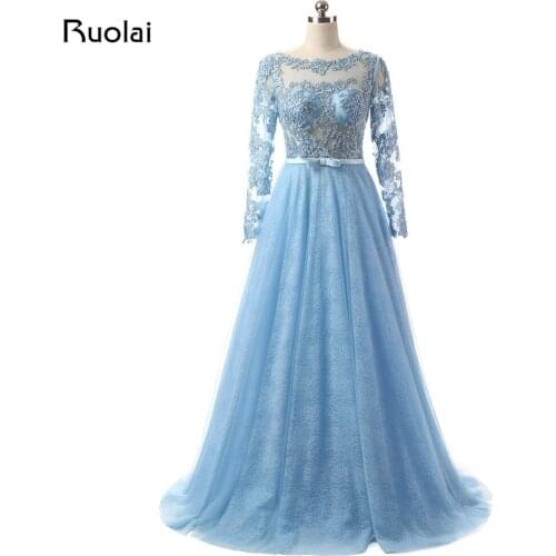Real Picture Blue Evening Dresses 2019 with Beading Scoop Tulle Appliques Lace Prom Dresses Long Sleeves Robe de Soiree PD13