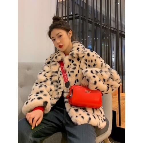 Womens winter short new Korean loose leopard print plush coat winter coat