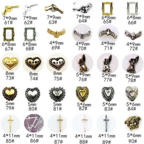 50pcs/Pack Vintage Series 3 Alloy Nail Art Charms Decals Gun Frame Eagle Heart Rabbit 3D DIY Metal Accessories Sticker Tools